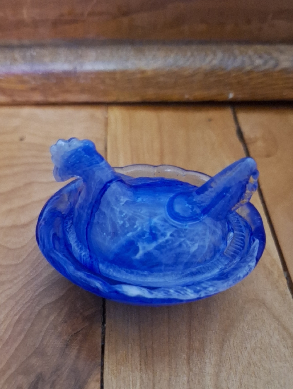 Blue Swirled Glass Hen on Nest Figurine